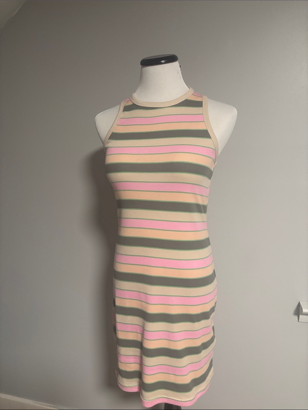 Roxy Sleeveless Striped Mini Dress in Pink, Tan and Olive